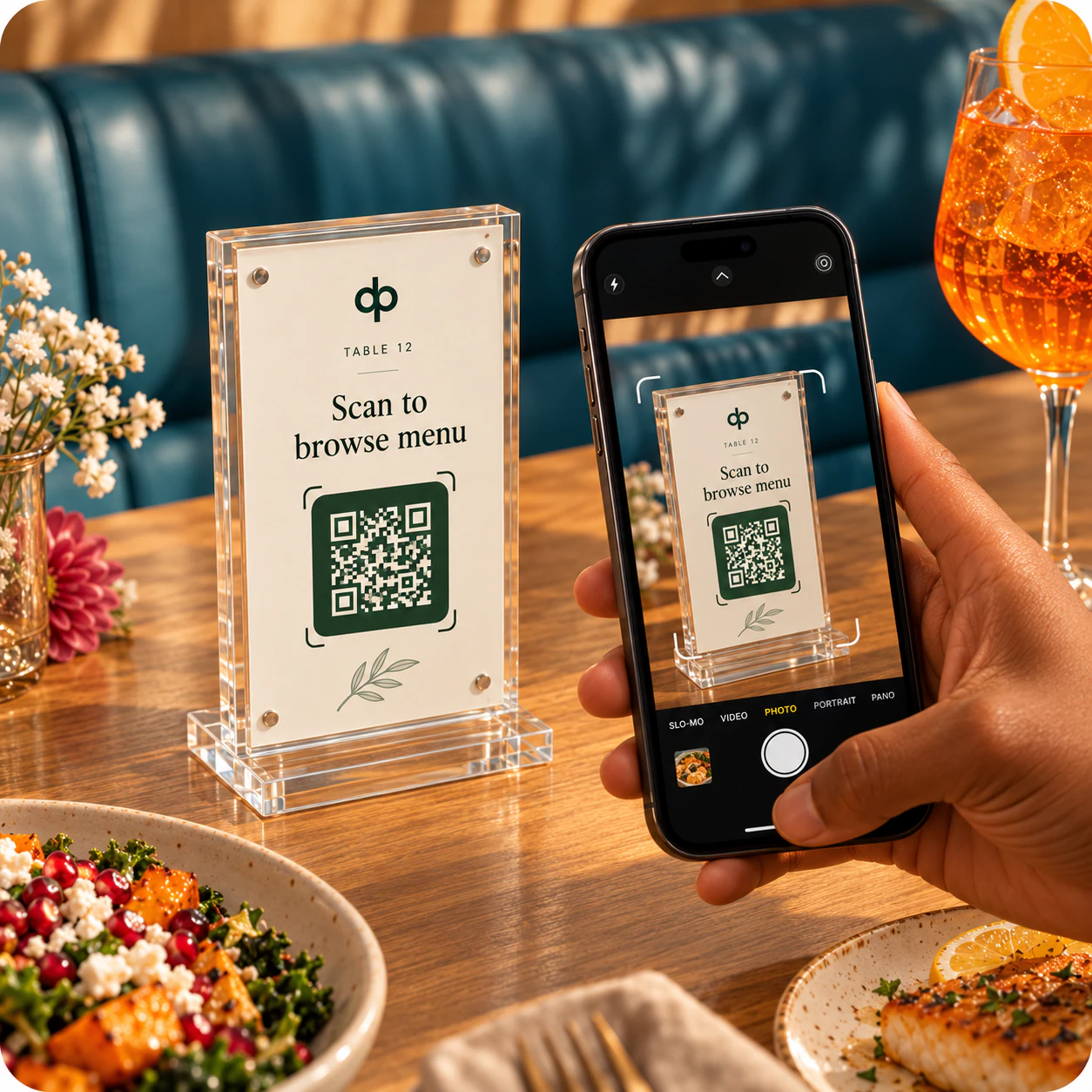 Guest scanning a table QR code with a phone