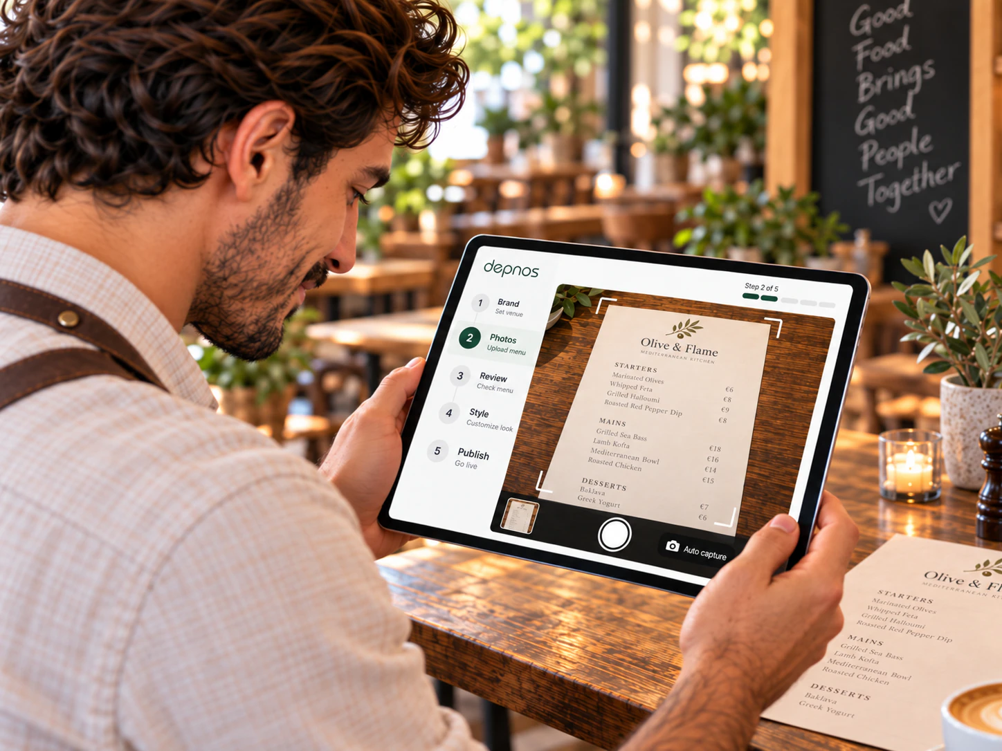 Owner photographing a printed menu with the Depnos tablet camera