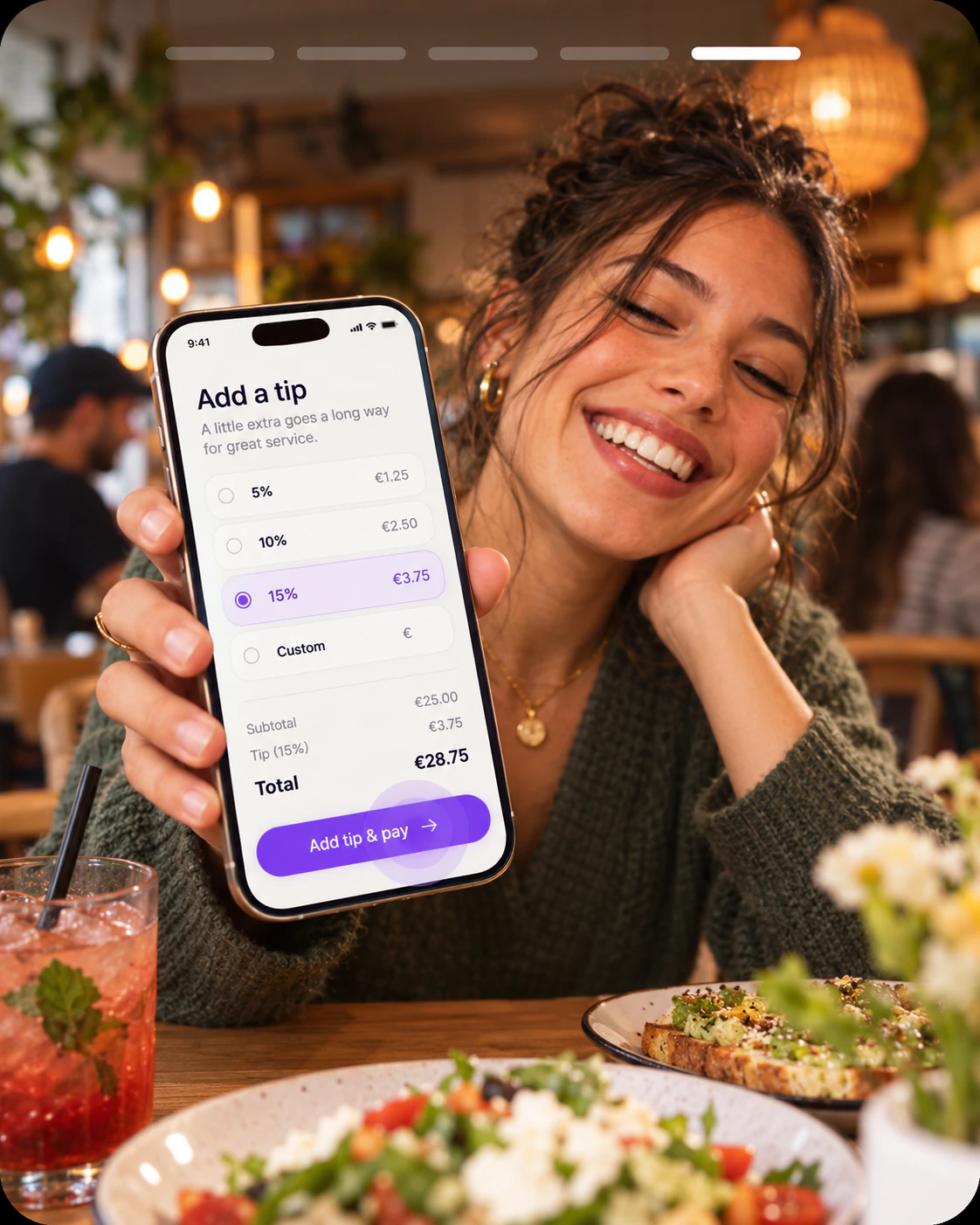 Guest adding a 15% tip before paying